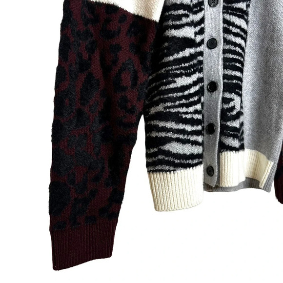 VINCE CAMUTO Color Block Animal Print Cozy V Neck Button Down Cardigan Sweater - Picture 5 of 13